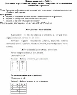 Обложка для материала Логические выражения и их преобразование Построение таблиц истинности логических выражений.