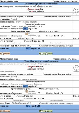 Маршрутный лист на урок русского языка 3 класс по теме: "Повторяем словообразование"."