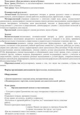 Конспект  урока русского языка  во 2 классе на тему: "Как различить звуки и буквы"