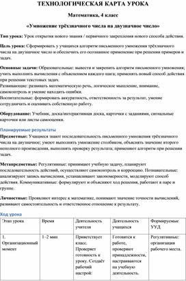 Обложка для материала Технологическая карта урока математики в 4 классе «Умножение трёхзначного числа на двузначное число