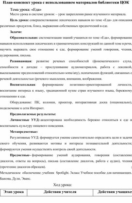Обложка для материала план конспект урока по английскому языку "Еда"