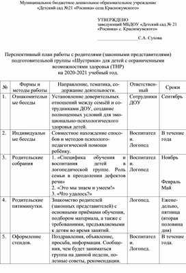 Приложение к рабочей программе учителя-логопеда МБДОУ План работы с родителями, законными представителями обучающихся с ОВЗ (ТНР))