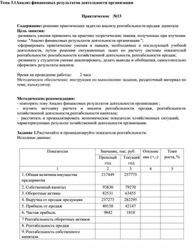 Обложка для материала Тема 3.1Анализ финансовых результатов деятельности организации  Практическое	№13