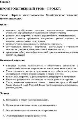 Производственный урок-проект для 7 класса "Животноводство"