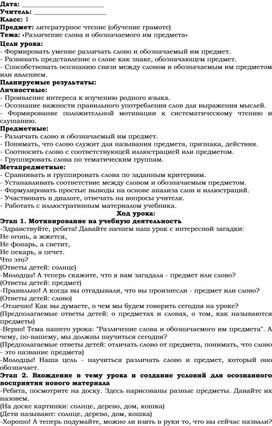 Обложка для материала Поурочное планирование по теме "Различение слова и обозначаемого им предмета" (1 класс)