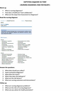 Обложка для материала Карточка-задание по английскому языку на тему «NURSING DIAGNOSES: RISK FOR INJURY»
