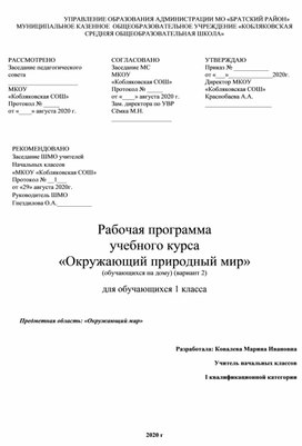 Обложка для материала Программа. 1 класс. Окружающий природный мир  (для обучающихся на дому, вариант 2)
