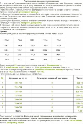 Конспект темы урока "Группировка данных и гистограммы" и домашнее задание к уроку вероятности и статистики в 7 классе