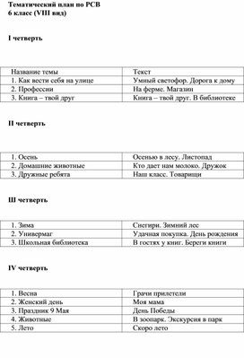 Обложка для материала Тематический план по РСВ  6 класс (VIII вид)