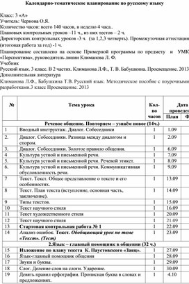 Календарно-тематическое планирование по русскому языку,  3класс, УМК "Перспектива"