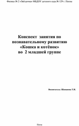 Конспект занятия по познавательному развитию "Кошка и котёнок" во 2 младшей группе