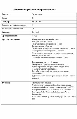 Обложка для материала Рабочая программа по технологии ( 8 класс) для школ на базе которых создан центр " Точка роста".