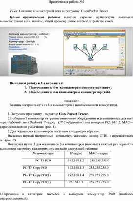 Практическая работа №2  Тема: Создание компьютерной сети в программе  Cisco Packet Tracer