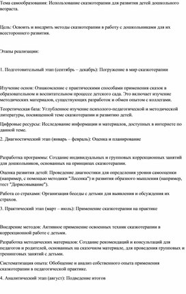 Обложка для материала Тема самообразования: Использование сказкотерапии для развития детей дошкольного возраста.