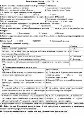 Обложка для материала Проверочная работа по всеобщей истории "Мир в 1918 – 1938 гг." 10 класс