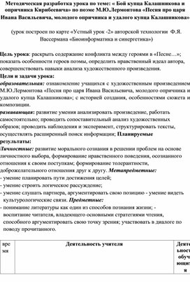 Методическая разработка урока по теме: « Бой купца Калашникова и  опричника Кирибеевича» по поэме М.Ю.Лермонтова «Песня про царя  Ивана Васильевича, молодого опричника и удалого купца Калашникова»