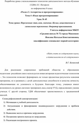 Разработка урока с использованием технологии деятельностного метода обучения (ТДМ) Л.Г. Петерсон  по информатике 8 класс  «Раздел 2. Алгоритмы и программирование» Тема 4 «Язык программирования» Урок № 45 Тема урока: Переменная: тип, имя, значение. Целые, вещественные и символьные переменные. Оператор присваивания.