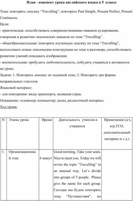 План - конспект урока английского языка в 5  классе "Путешествие"