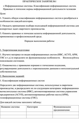 Обложка для материала ПРАКТИЧЕСКОЕ ЗАНЯТИЕ №1 « Информационные системы. Классификация информационных систем. Правовые и этические нормы информационной деятельности человека»