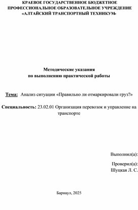 Обложка для материала Методические указания по выполнению прктической работы: Анализ ситуации «Правильно ли отмаркировали груз?»
