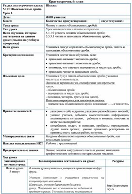 Обложка для материала математика 5 кл_Обыкновенные дрораткосрочный план