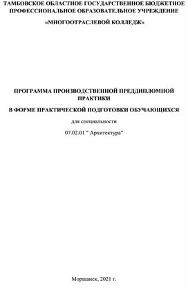 ПРОГРАММА ПРОИЗВОДСТВЕННОЙ ПРЕДДИПЛОМНОЙ ПРАКТИКИ