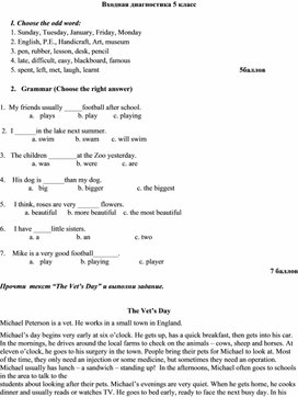 Входная диагностика по английскому языку для 5 класса