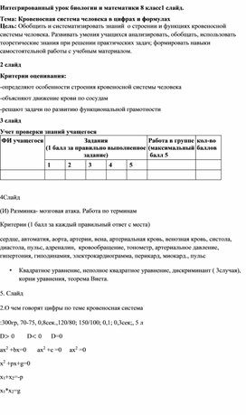 Интегрированный урок по биологии+математика "Кровеносная система в цифра и уравнениях"