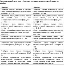 Контрольная работа по теме "Числовые последовательности"