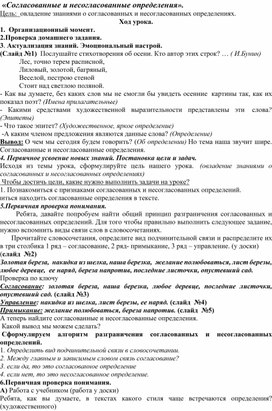 Урок на тему "Согласованные  и несогласованные определения"