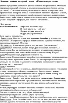 Конспект занятия в старшей группе    «Комнатные растения»