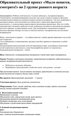 Образовательный проект «Мыло пенится, смотрите!» во 2 группе раннего возраста