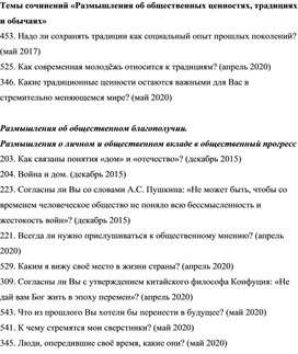 Темы сочинений «Размышления об общественных ценностях, традициях и обычаях»