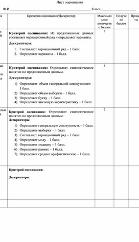 Обложка для материала Математика_7 класс_Элементы статистики_Вариационный ряд_Лист оценивания