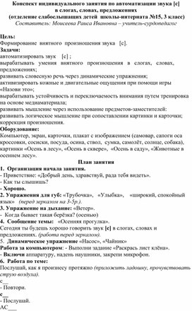 Конспект индивидуального занятия по автоматизации звука С в слогах, словах, предложениях