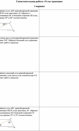 Самостоятельная работа "Найдите углы трапеции"