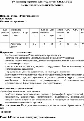 Учебно-методический комплекс дисциплины Религоведение