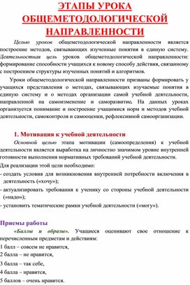 Структура урока общеметодологической направленности с приемами работы