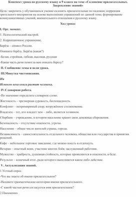 Конспект урока по русскому языку в 9 классе на теме «Склонение прилагательных. Закрепление знаний»