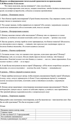 Обложка для материала Вопросы для формирования читательской грамотности по произведению С.В.Михалкова «Сила воли»