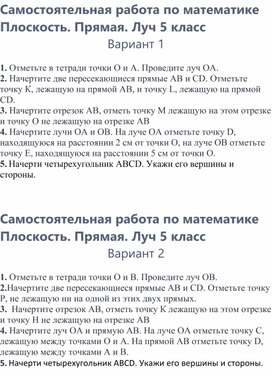 Математика 5 класс Самостоятельная работа  «Плоскость. Прямая. Луч».