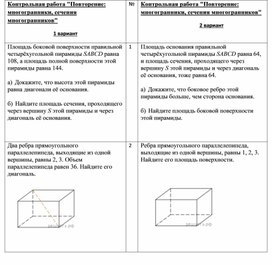 Обложка для материала Контрольная работа Повторение многогранники, сечения многогранников