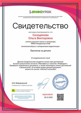 Обложка для материала Свидетельство "Присмотр за детьми"