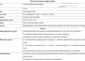 Технологическая карта урока английского языка "Проект Австралия", 3 класс