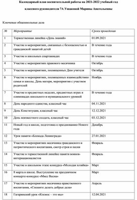 План работы классного руководителя