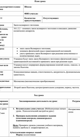 Обложка для материала ОГН_физика_10_Закон всемирного тяготения_краткосрочный план