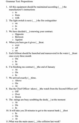 Grammar test for seamen Prepositions