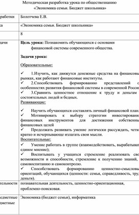 Методическая разработка урока по обществознанию на тему "Экономика семьи", 8 класс"