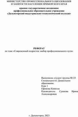 Реферат на тему "Современный подросток: выбор профессионального пути" Ефимова Камилла (работа студента)