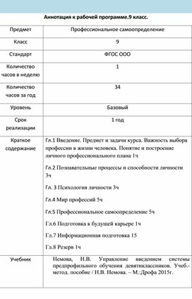 Обложка для материала Рабочая программа по профессиональной ориентации (9 класс)